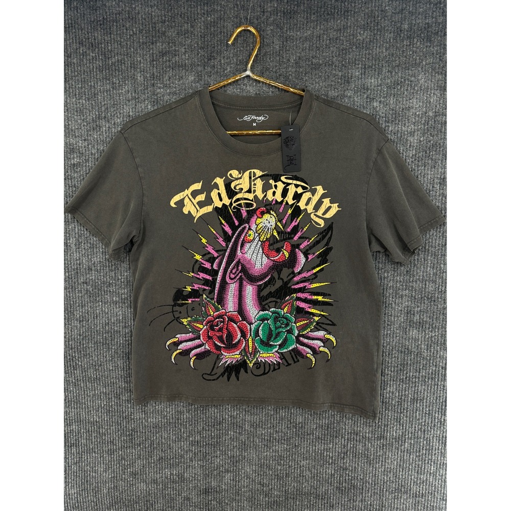 Ed Hardy Graphic T-Shirt Mens M Charcoal NEW Panther Rhinestone EHM1101-79RS
